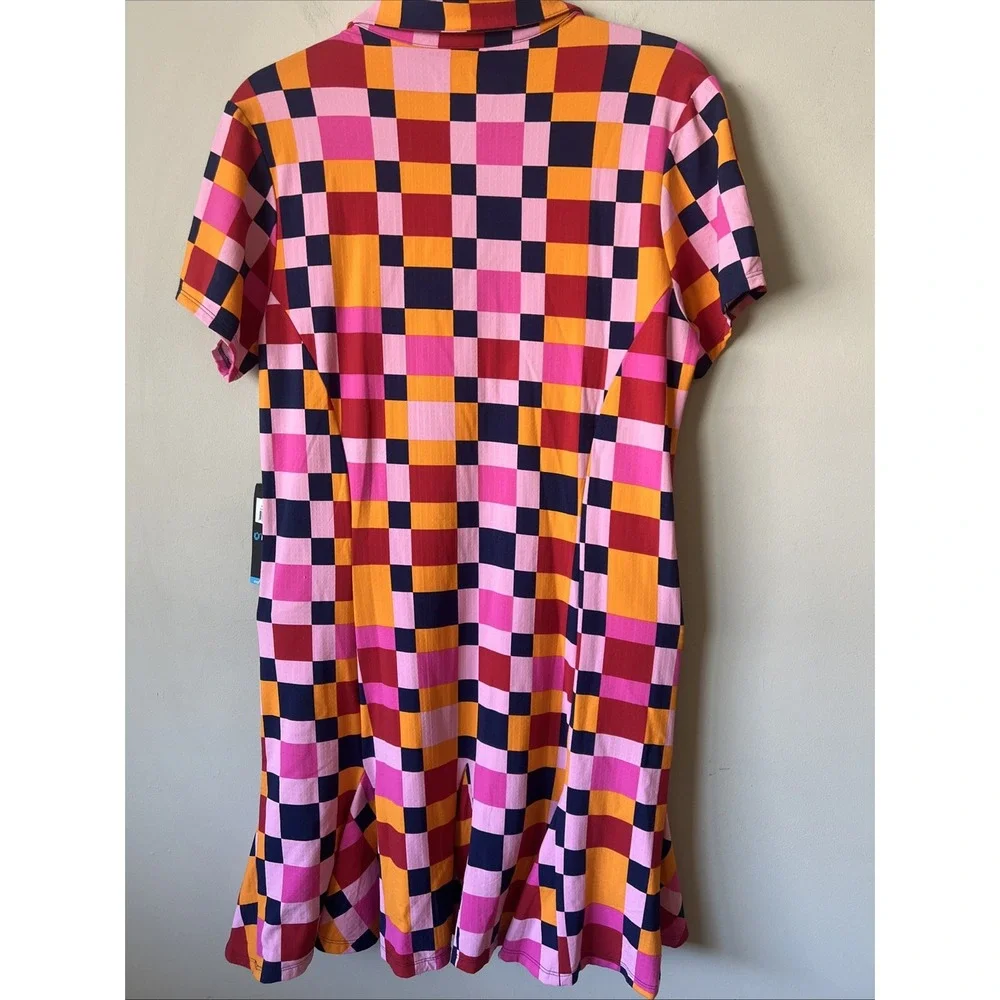 IBKUL Annalise Godet Flounce Hem Zip Neck Dress Pink/Orange Check Size Large SPF